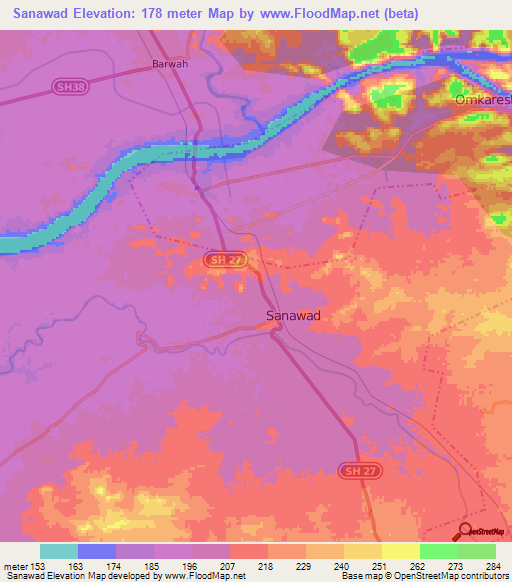 Sanawad,India Elevation Map