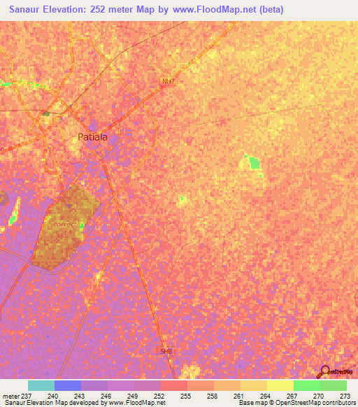 Sanaur,India Elevation Map