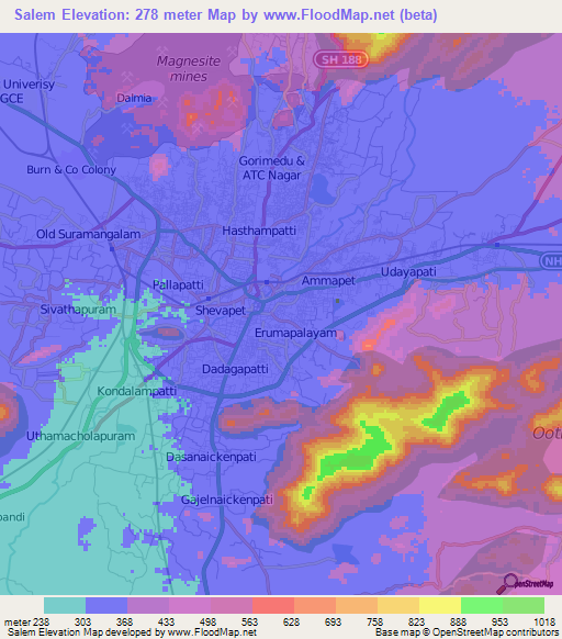 Salem,India Elevation Map