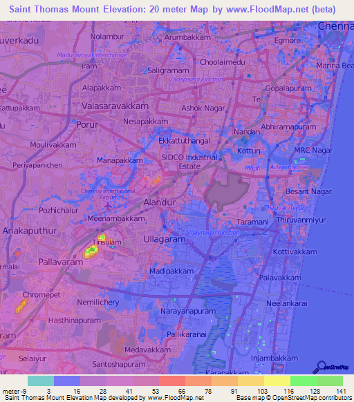 Saint Thomas Mount,India Elevation Map