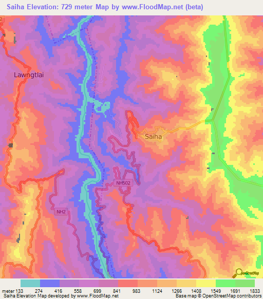 Saiha,India Elevation Map