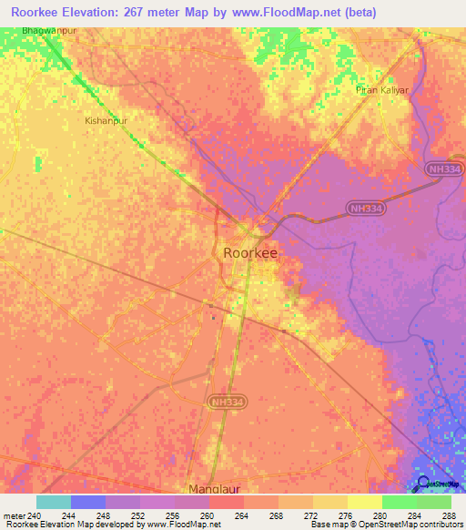 Roorkee,India Elevation Map