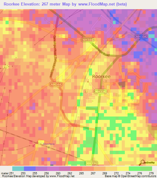 Roorkee,India Elevation Map