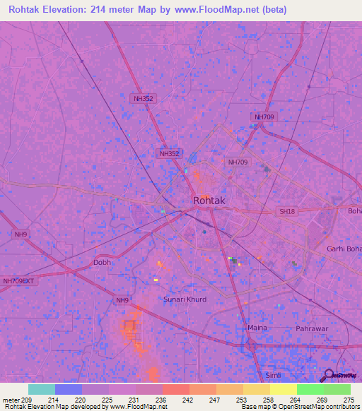 Rohtak,India Elevation Map