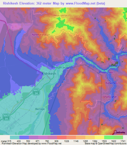 Rishikesh,India Elevation Map