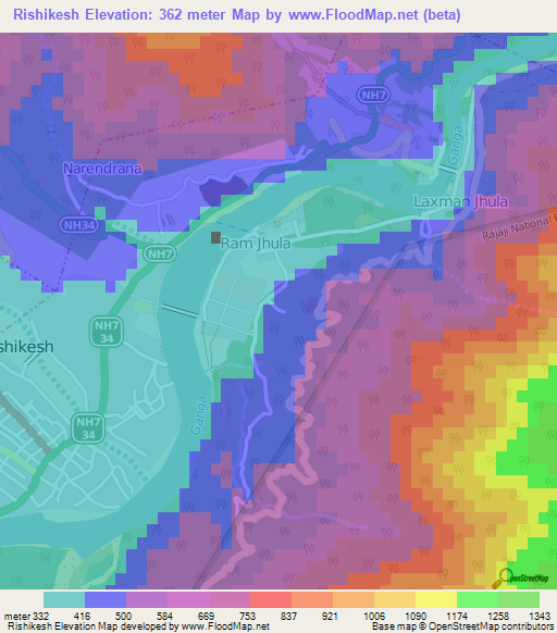 Rishikesh,India Elevation Map
