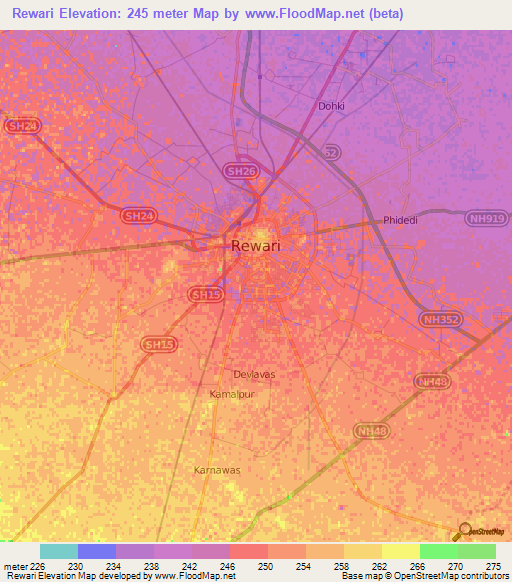 Rewari,India Elevation Map