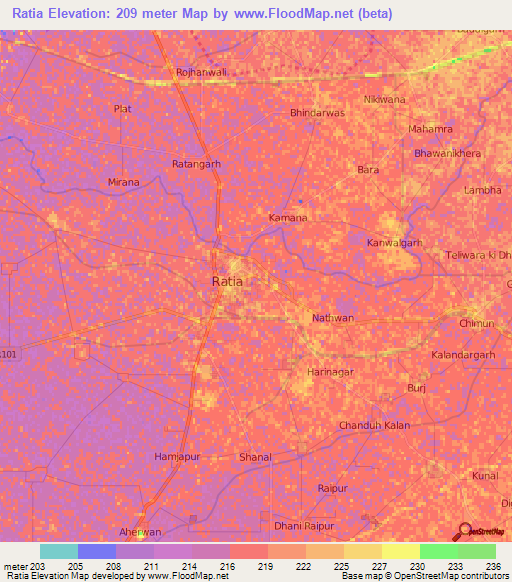 Ratia,India Elevation Map