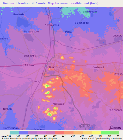 Raichur,India Elevation Map