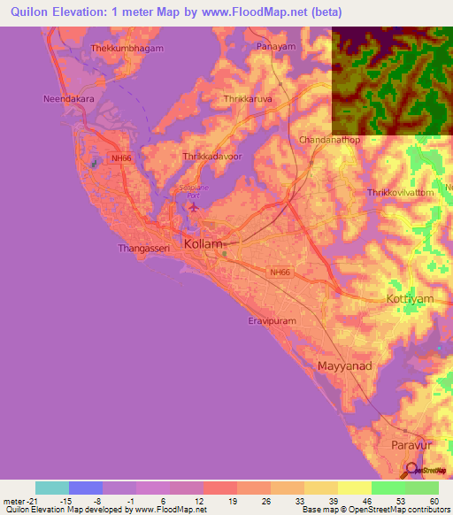 Quilon,India Elevation Map