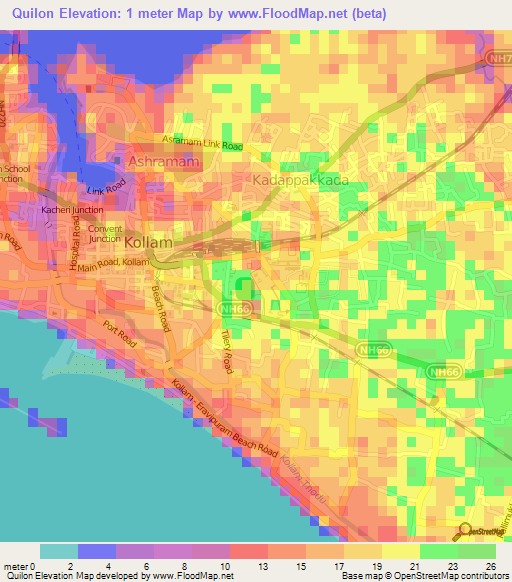 Quilon,India Elevation Map