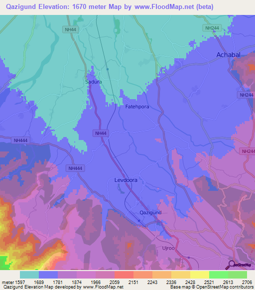 Qazigund,India Elevation Map
