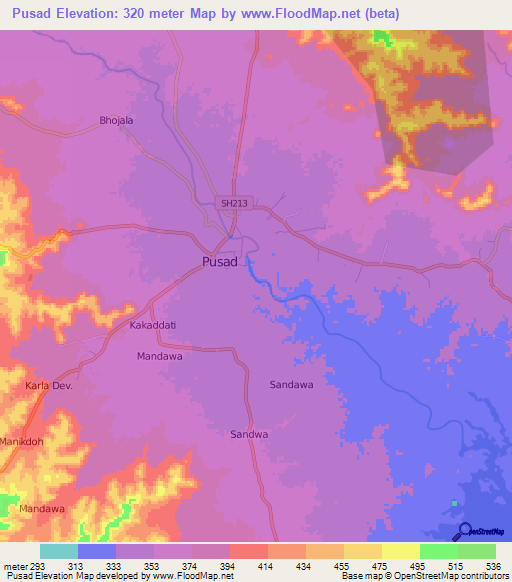 Pusad,India Elevation Map