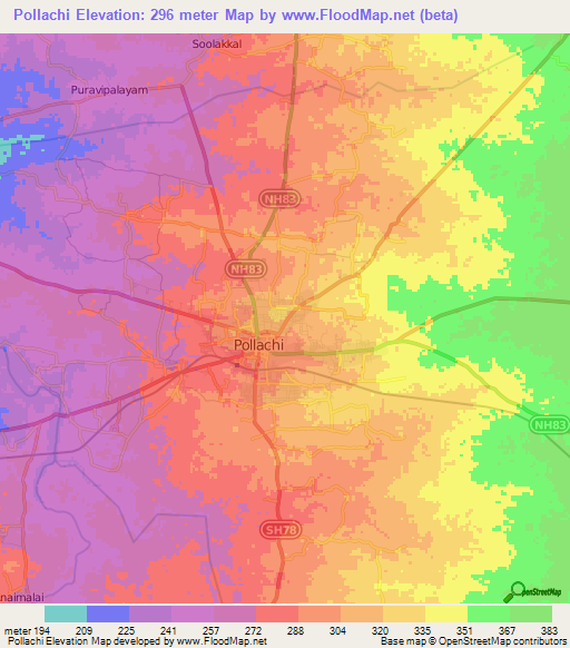 Pollachi,India Elevation Map