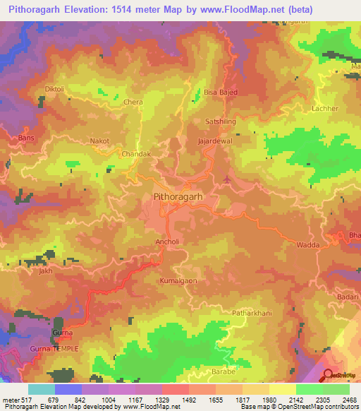 Pithoragarh,India Elevation Map
