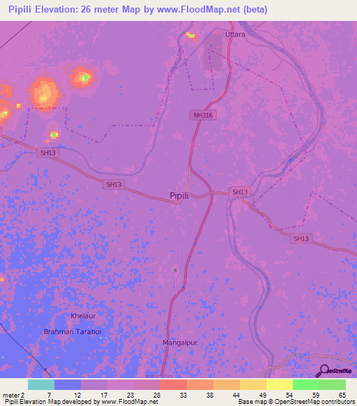 Pipili,India Elevation Map