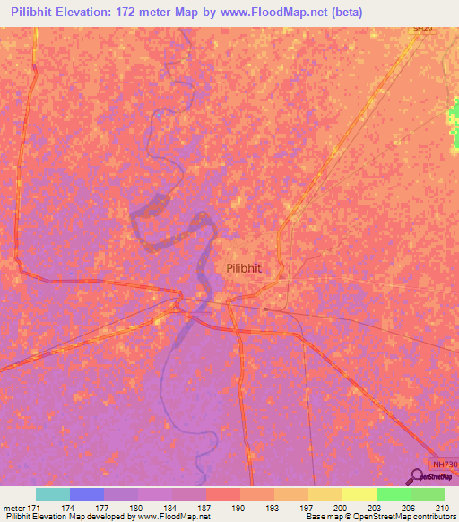 Pilibhit,India Elevation Map