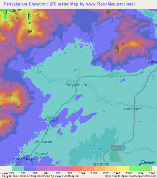Periyakulam,India Elevation Map