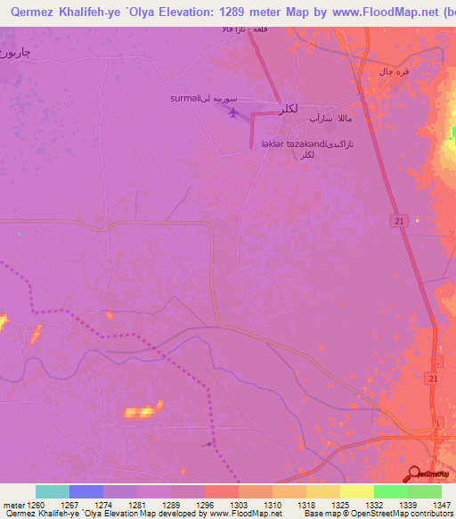 Qermez Khalifeh-ye `Olya,Iran Elevation Map
