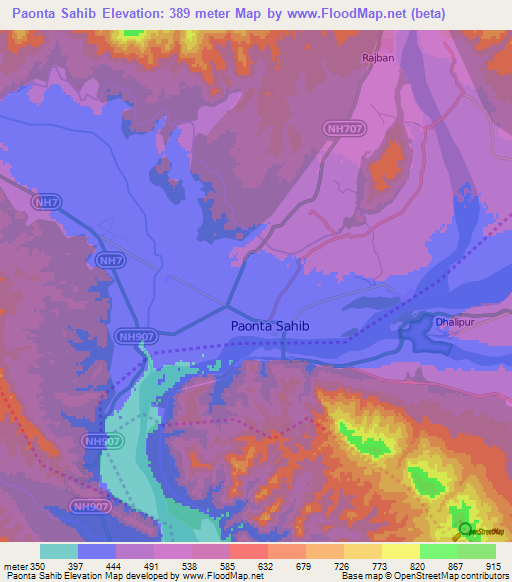 Paonta Sahib,India Elevation Map