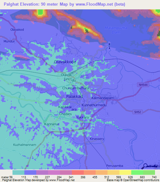 Palghat,India Elevation Map