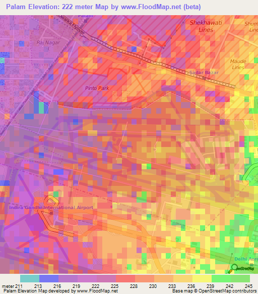 Palam,India Elevation Map