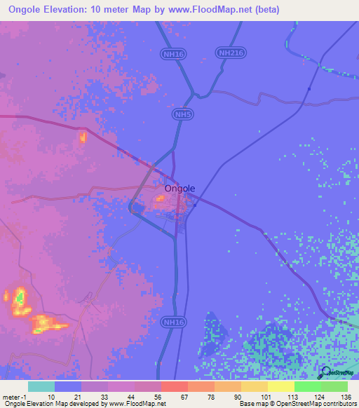 Ongole,India Elevation Map