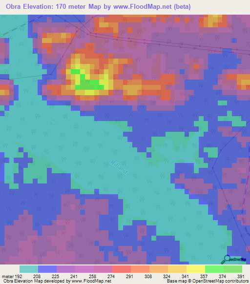 Obra,India Elevation Map