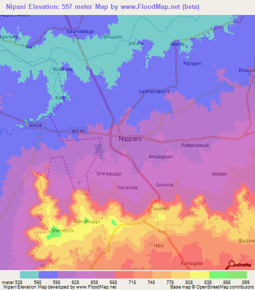 Nipani,India Elevation Map
