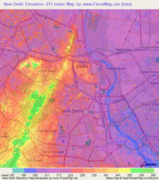 New Delhi,India Elevation Map