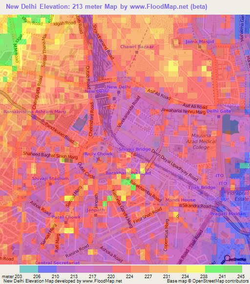 New Delhi,India Elevation Map