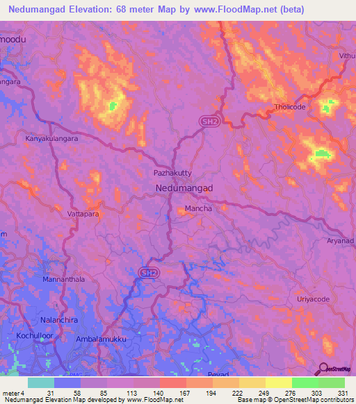 Nedumangad,India Elevation Map
