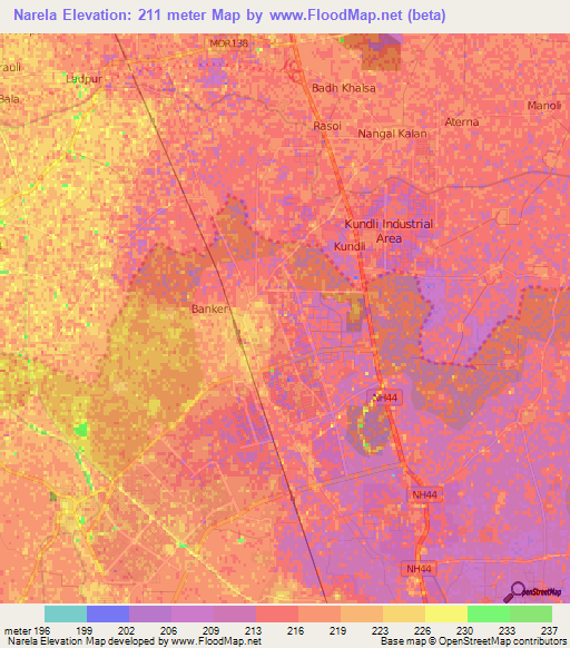 Narela,India Elevation Map