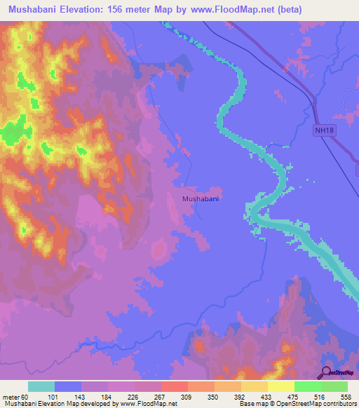 Mushabani,India Elevation Map