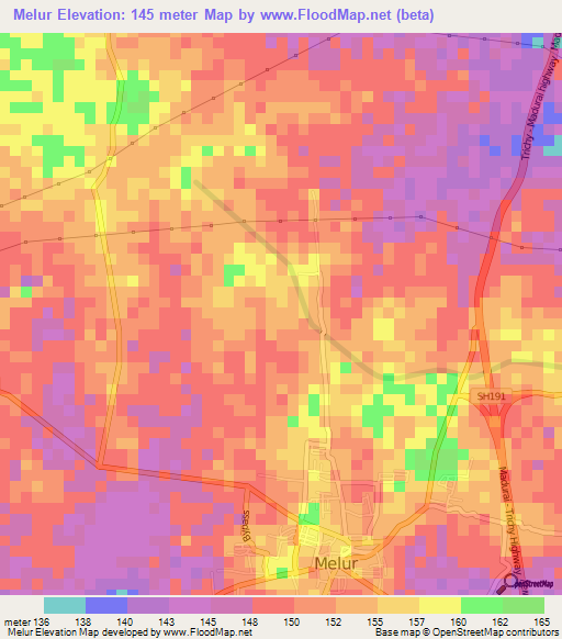 Melur,India Elevation Map