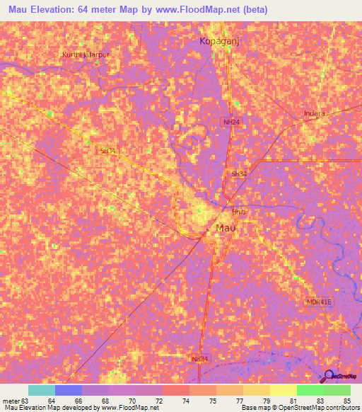 Mau,India Elevation Map