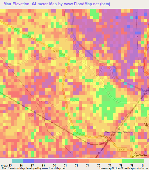 Mau,India Elevation Map