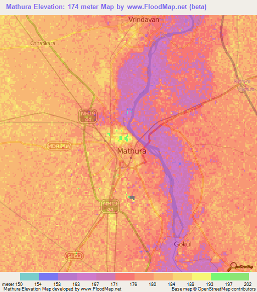 Mathura,India Elevation Map
