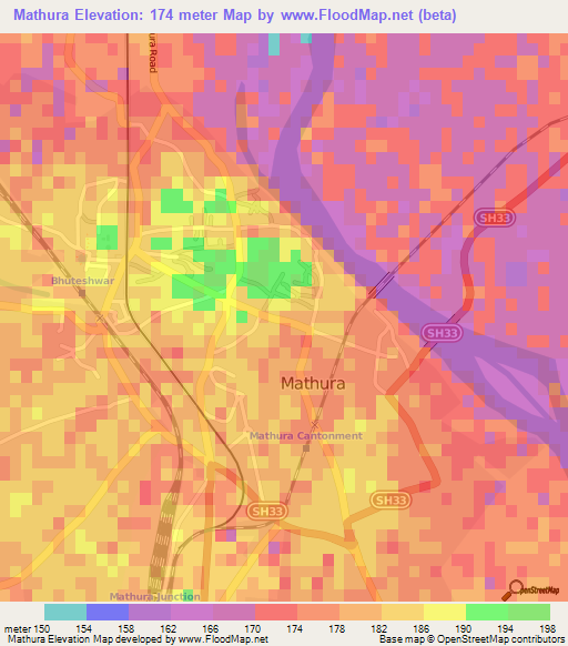 Mathura,India Elevation Map