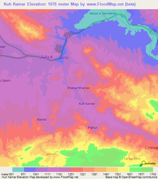 Kuh Kamar,Iran Elevation Map