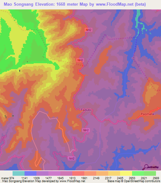 Mao Songsang,India Elevation Map