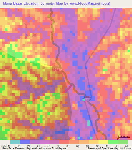 Manu Bazar,India Elevation Map