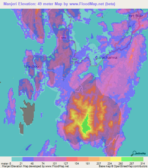 Manjeri,India Elevation Map