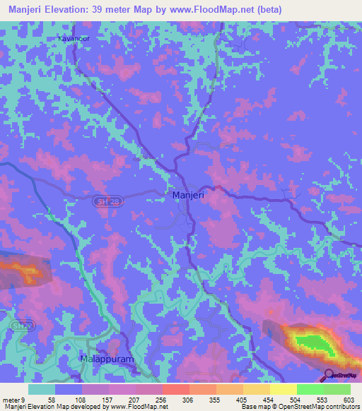 Manjeri,India Elevation Map