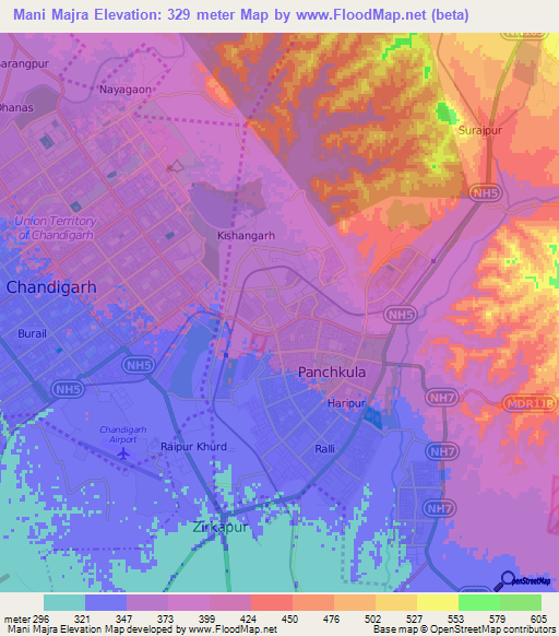 Mani Majra,India Elevation Map