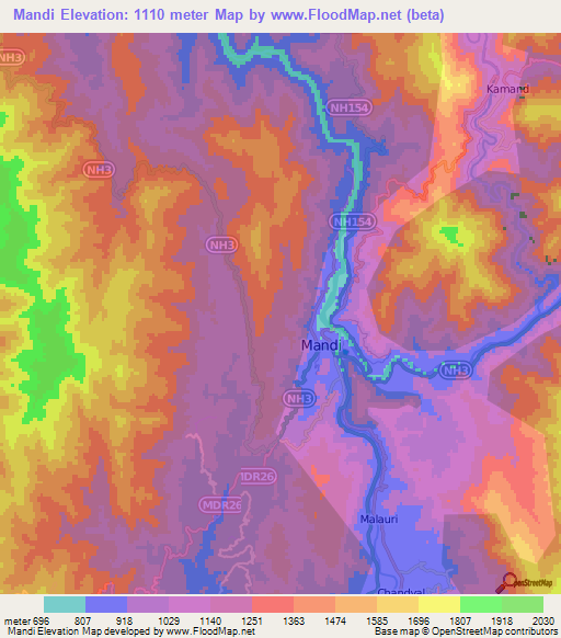 Mandi,India Elevation Map