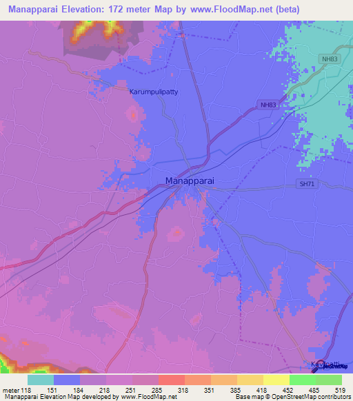 Manapparai,India Elevation Map