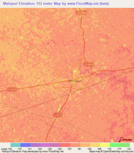 Mainpuri,India Elevation Map