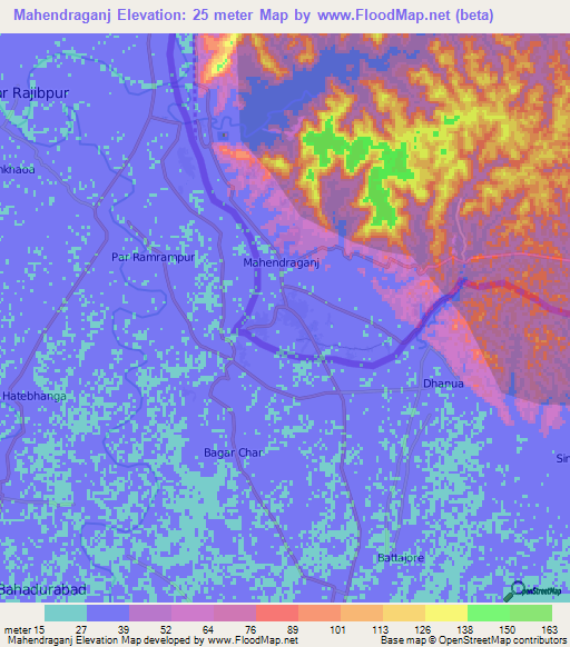 Mahendraganj,India Elevation Map