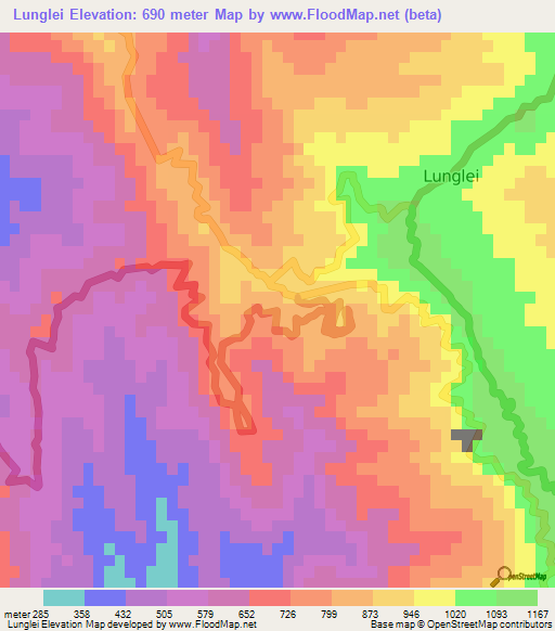 Lunglei,India Elevation Map